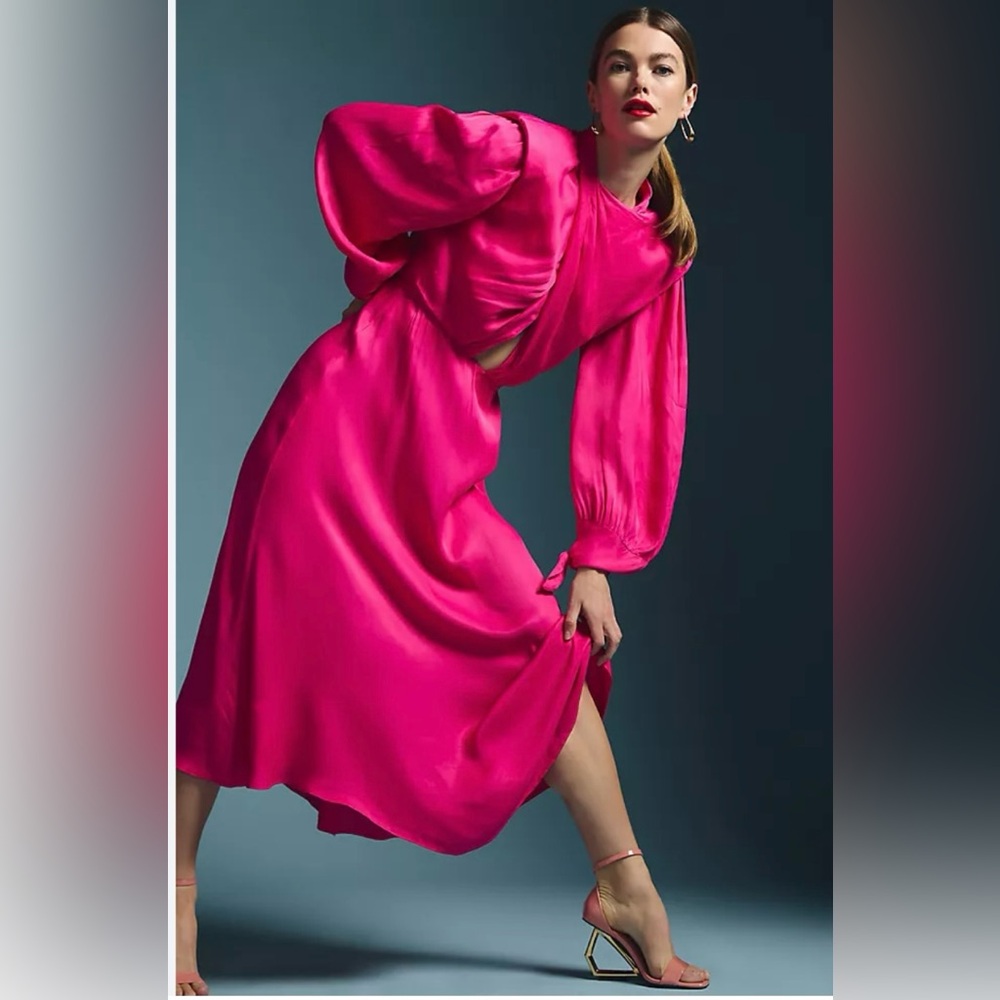 Farm Rio hot pink cutout midi drape Anthropologie Fuchsia Satin Dress NWT